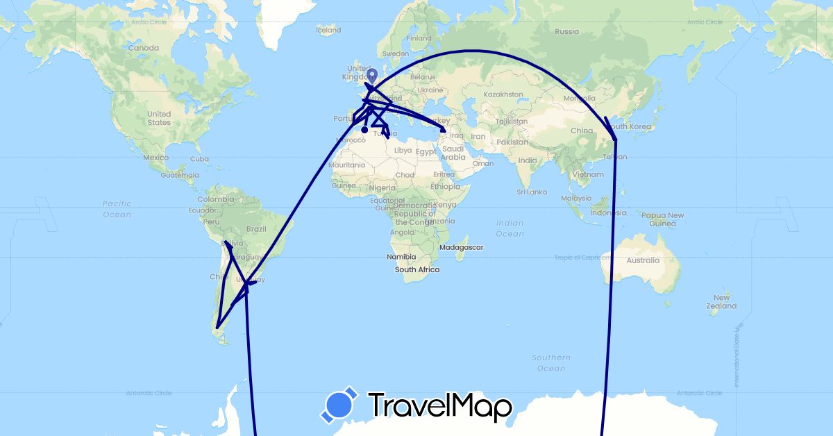 TravelMap itinerary: driving in Argentina, Bolivia, China, Algeria, Spain, France, United Kingdom, Italy, Syria, Tunisia, Uruguay (Africa, Asia, Europe, South America)